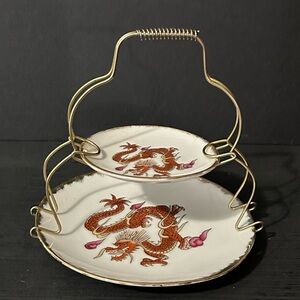 Vintage 60s-70s Two-Tiered plate set, Japanese Dragon Pattern, Gold-Tone Rimmed